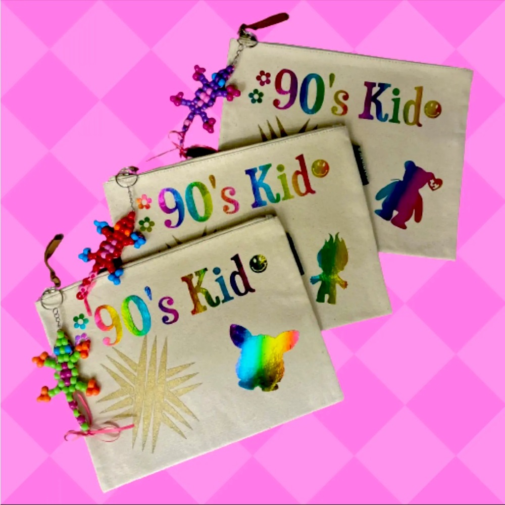 Y2K 90's Kid Makeup Gift Bag Pouch Furby + Troll + ty Bear ~ lot of 3